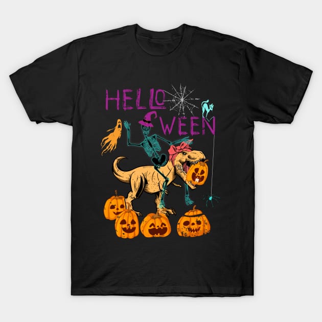 Skeleton Riding Dinosaur Messy Bun Halloween T-Shirt by alcoshirts